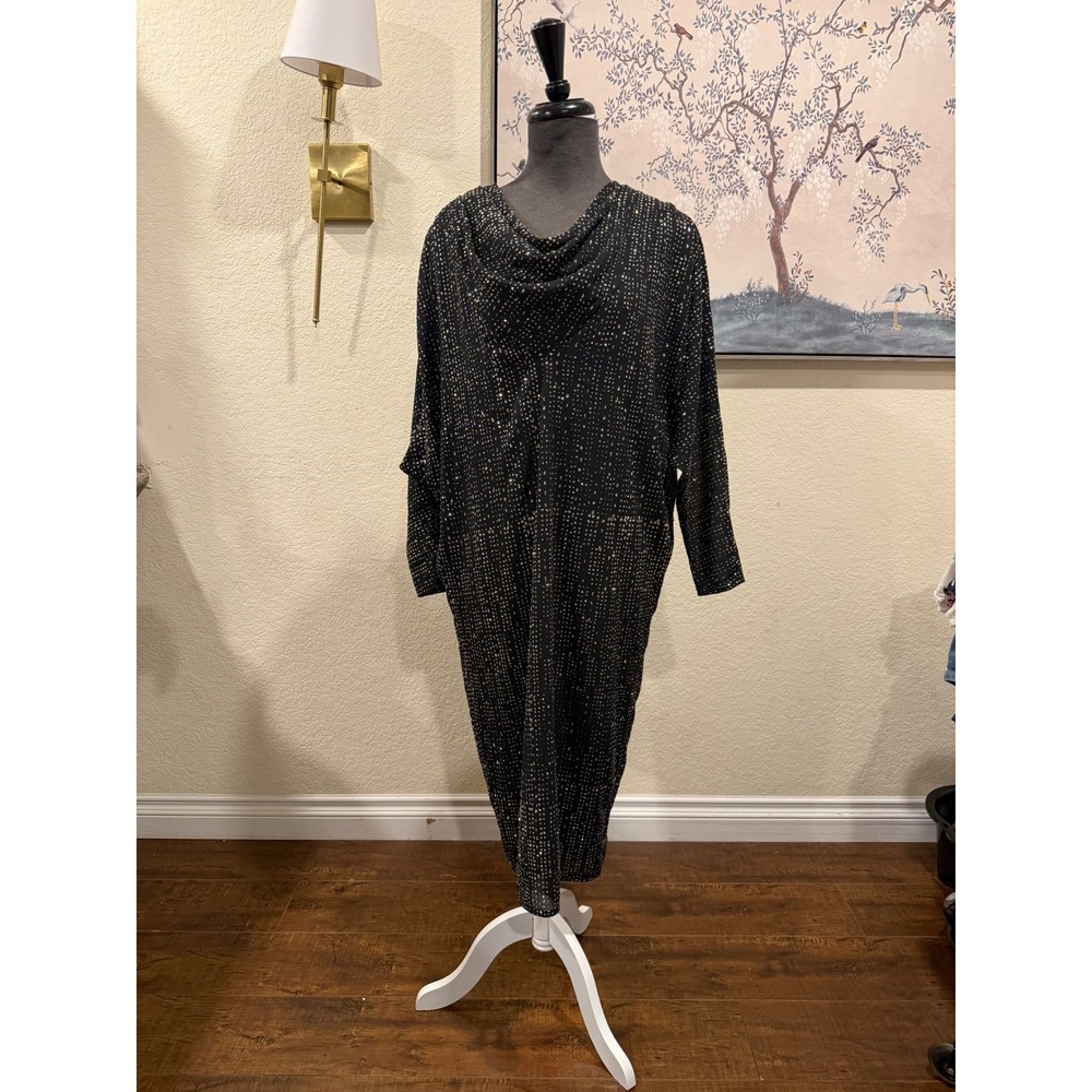 Joy Stevens California Vintage Black Gold Metallic Dot Cowl Neck Batwing Dress